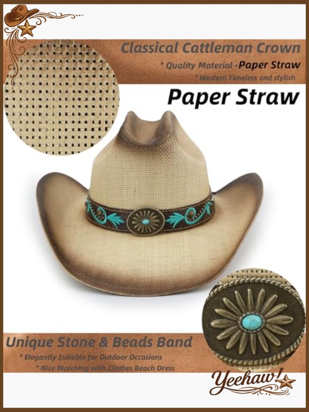 Straw Cowboy Hat Unisex Adjustable Fit Western Style Sun Protection - Picture 6 of 7